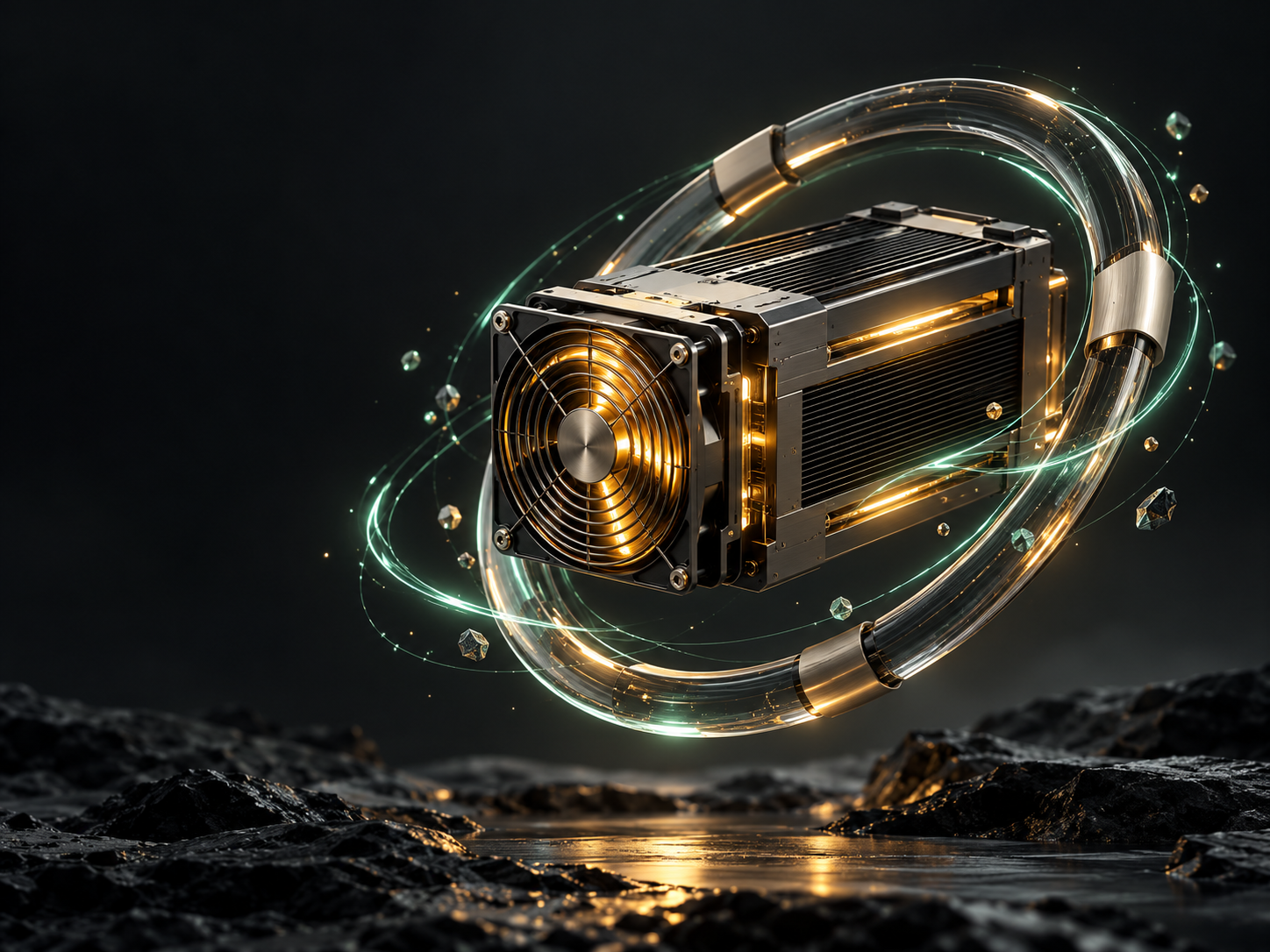 3D-Motiv von Mining-Hardware mit leuchtendem Datenring